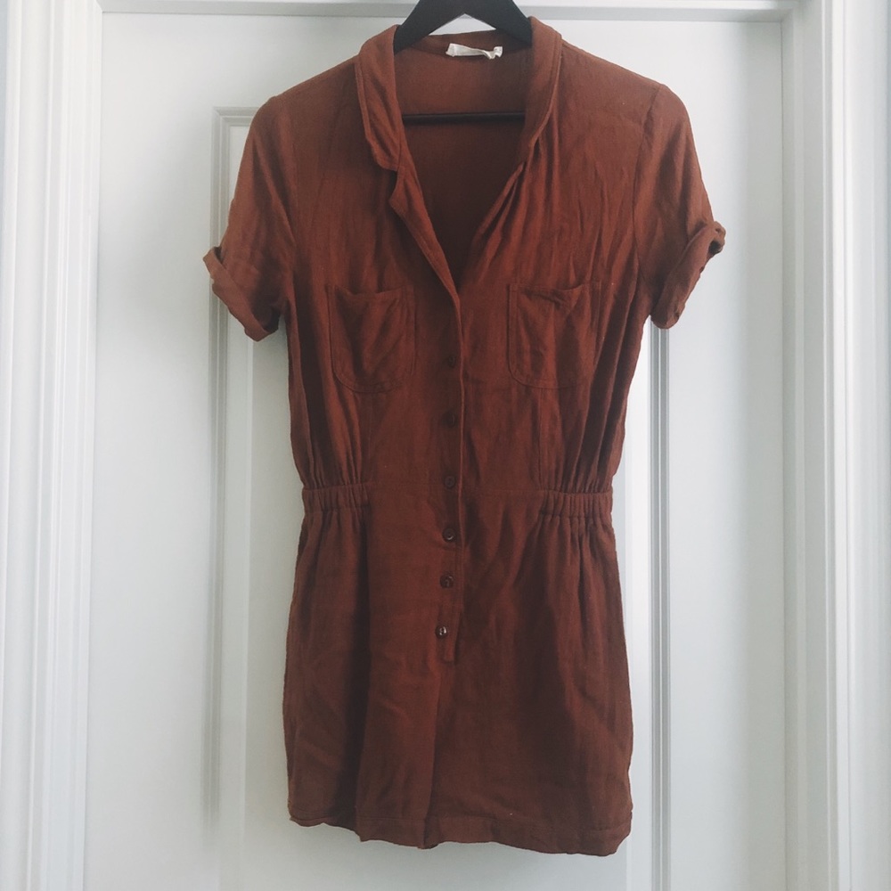Rust Button Down Shorts Romper With Pockets
